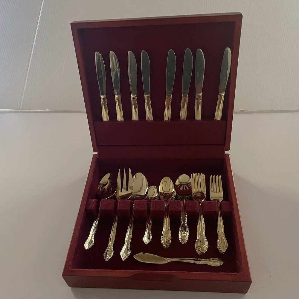 Gold Tone Flatware Stainless Red Wood Box China 45 pc Service for 8 Lightweight